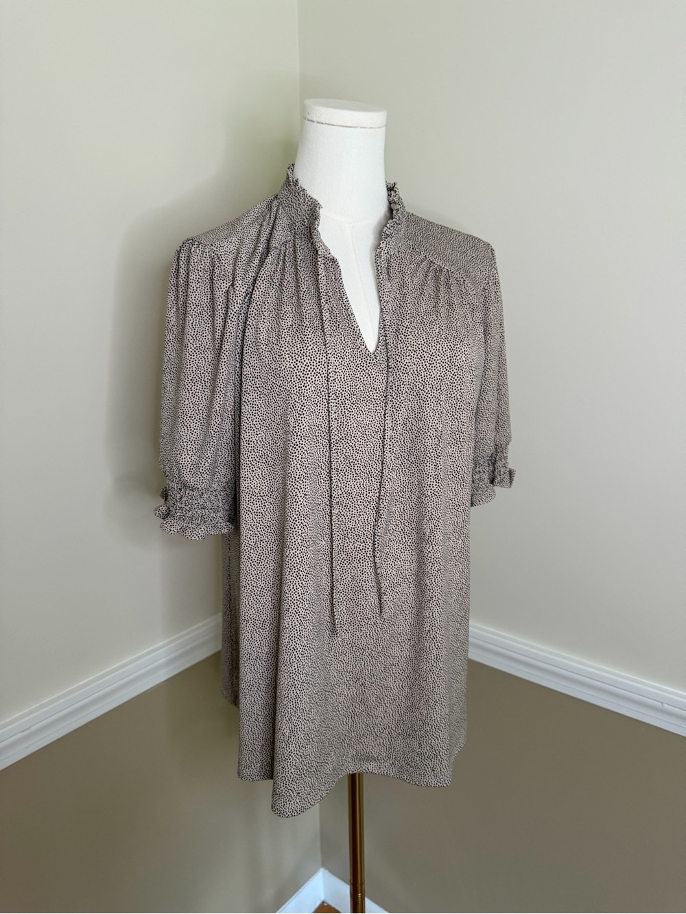 Lightweight Taupe V-Neck Blouse with Smocked Sleeves Adrianna Papell